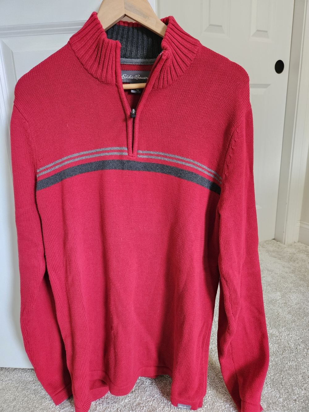Eddie Bauer Men's Bright Red Quarter-Zip Sweater with Gray Stripes